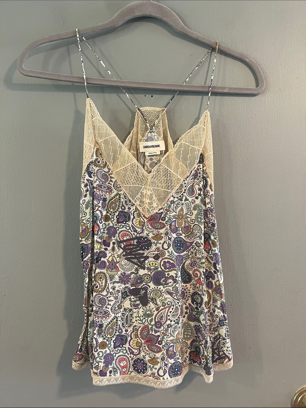 Zadig & Voltaire Christy Print Mandala Multicolor Paisley Lace-Trim Cami Size XS